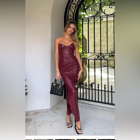 Soera Julianna Midi Strapless Faux Leather Burgundy Dress - Picture 3 of 4